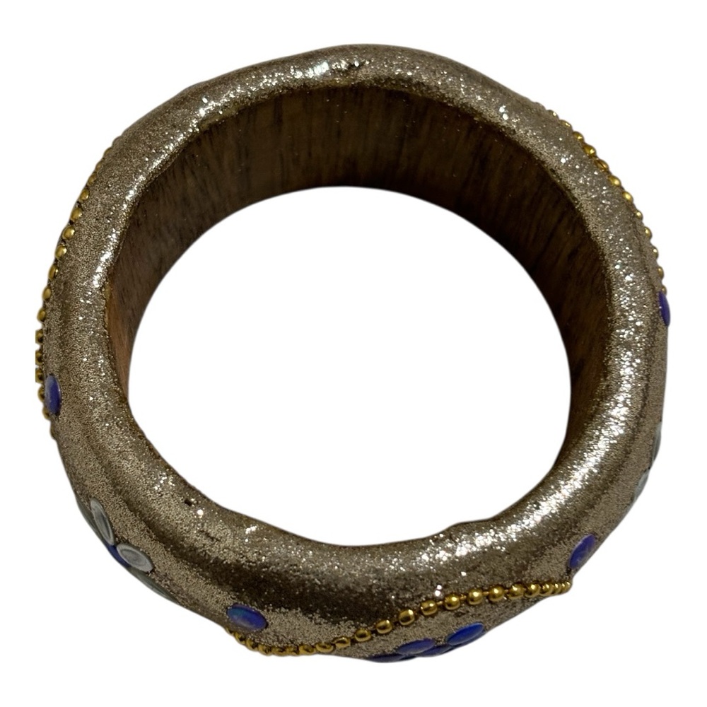 Bangle with Bead and Floral Accents Gold and Blue - Picture 2 of 11